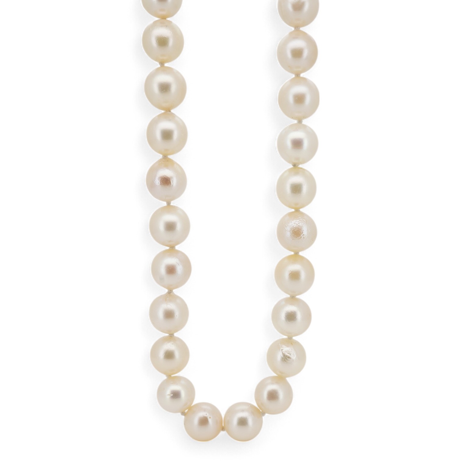 A single strand cultured pearl necklace, with Chinese 14k yellow metal clasp, 42cm. Condition - fair to good